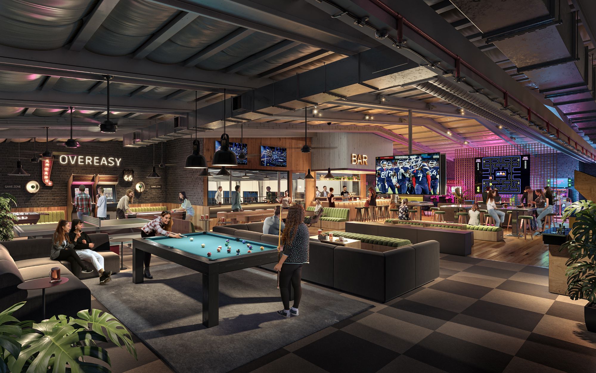 rendering of larks game zone with bar and pool table
