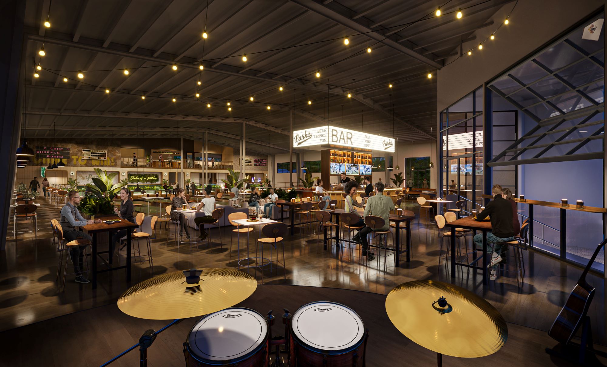 rendering of larks food court with live music stage
